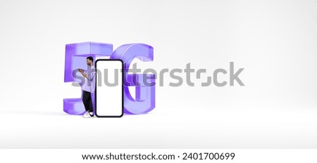 Young African American man standing near smartphone with mock up display near big 5G sign over white copy space background. Concept of communication and advertising