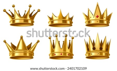 Royal golden crown. Monarchy wealth and power symbol, king and queen gold coronet. Rich realistic 3D vector illustration set of king luxury crown