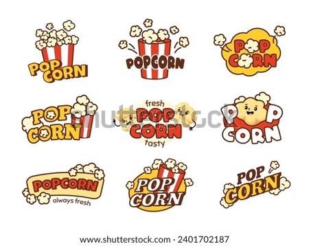 Popcorn emblem. Sweet corn snacks banners for cinema shop, striped buckets with playful popped corn kernels vector set of popcorn corn snack label for cinema Royalty-Free Stock Photo #2401702187