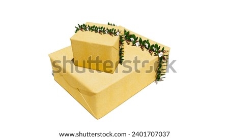 Golden Gift Box wrapped with Green Leaf Garland ribbon isolated on white background. For Christmas, New Year, Diwali, Eid Festival Gifts.