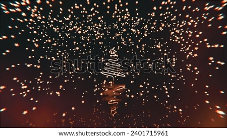 Sparkling New Year background with spruce. Christmas on blurred bokeh with snowfall banner background. Festive Golden falling sparks. For holiday greetings, banners, postcards. Gold light bokeh.