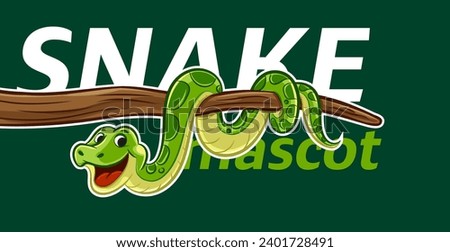 Smiling cartoon snake mascot on tree branch