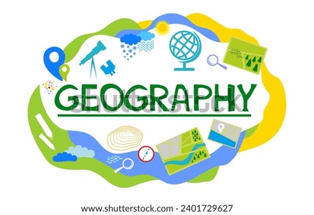 Geography. Education concept. Back to school background. Lettering. Set of geography symbols. Cartoon Vector illustration for school subject design. Online lesson for pupils and students. Frame. Label Royalty-Free Stock Photo #2401729627