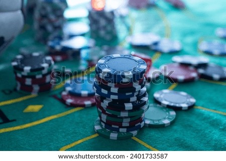 close view on chips piles, casino gambling concept