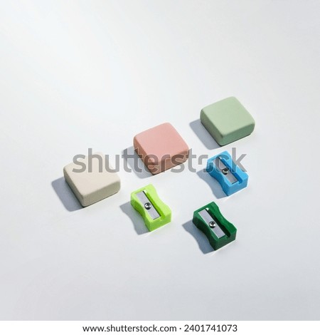colourful sharpeners erasers high view Royalty-Free Stock Photo #2401741073