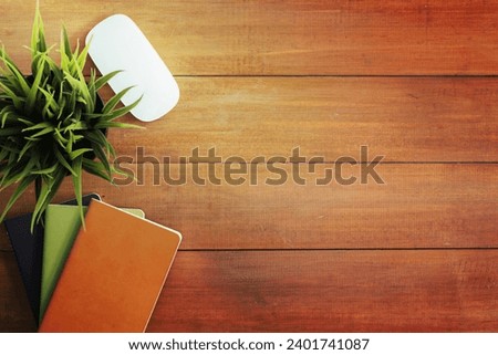 Minimal work space - Creative flat lay photo of workspace desk. Office desk wooden table background with open mock up notebooks and pens and plant. Top view with copy space, flat lay photography.