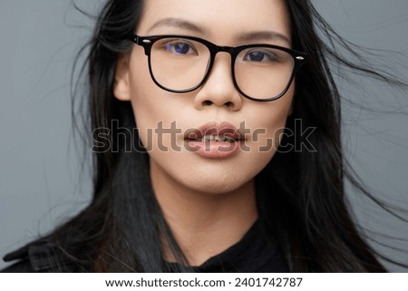Fashion woman portrait background asian glasses beautiful smile