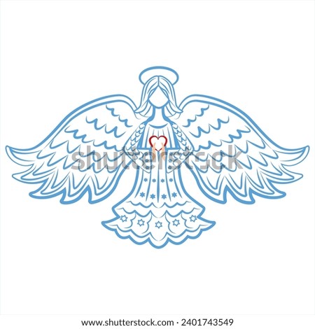 Merry Christmas banner with cyan angel isolated on a white background. Worksheet for kids.  Greeting Card for wood carving, paper cutting and Easter decorations. Design elements in coloring style