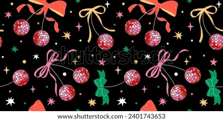 Seamless pattern with Disco mirror ball cherry with bow in cartoon style. Cute trendy design. Vector funky illustration. Ballet-core, coquette-core background.  