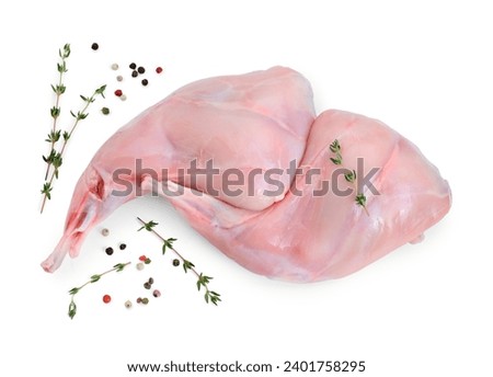 Fresh raw rabbit legs and spices isolated on white, top view