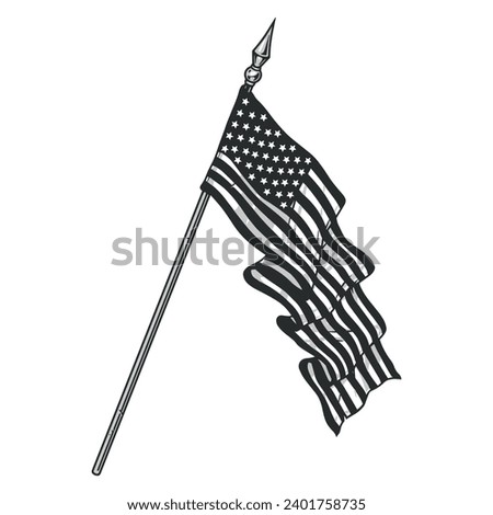 USA flag vintage label monochrome with state symbol of United States of America on wooden flagpole vector illustration
