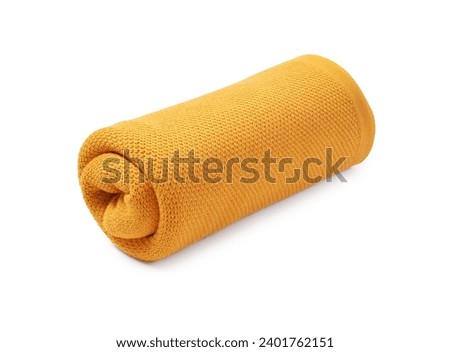 Beautiful yellow knitted blanket isolated on white Royalty-Free Stock Photo #2401762151