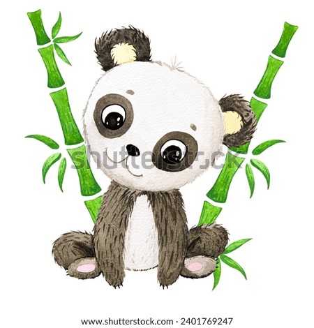 Cute cartoon  baby panda with green bamboo. hand drawn watercolor  illustration