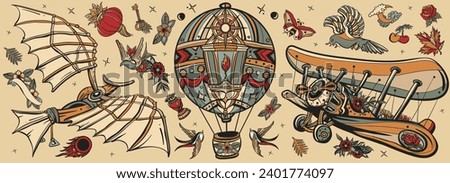 Medieval flying machines, air balloon, retro airplane. Leonardo Da Vinci style. Traditional tattooing set. Old school vintage tattoo vector collection Royalty-Free Stock Photo #2401774097