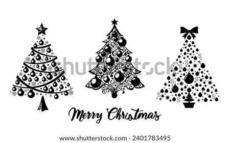 Set hand drawing Christmas trees with letering Merry Christmas. Isolated design element on  white background. Vector illustration.