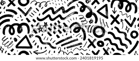 Seamless banner design with charcoal squiggles and bold brush strokes. Hand drawn dots, strokes and various geometric shapes in childish Memphis style. Abstract geometric playful texture.