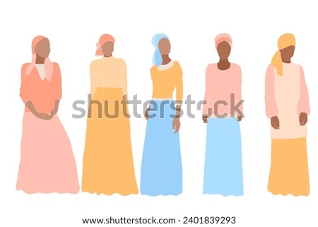 Set of afro women, female figures wearing modest clothing and headcovers. Isolated vector elements. 
