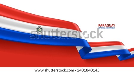 Paraguay 3D ribbon flag. Bent waving 3D flag in colors of the Paraguay national flag. National flag background design. Royalty-Free Stock Photo #2401840145