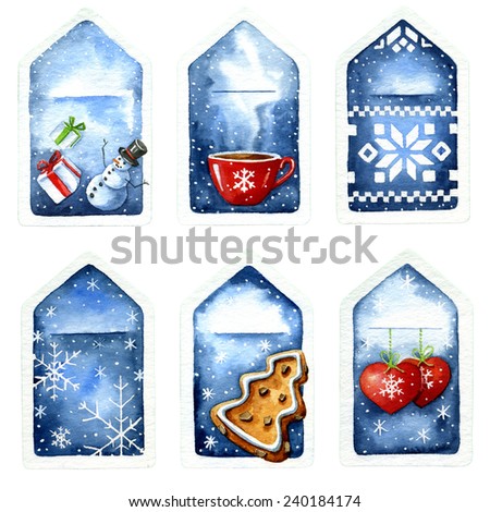 Collection of watercolor Christmas tags on the watercolor background