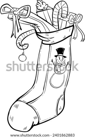Hand drawn vector drawing of Christmas stocking, sock with gifts. Cartoon style, doodle, black and white, contour, silhouette, decoration, ornament, presents, sign, symbol, winter holidays