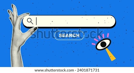 Search bar in retro collage style. Hand with halftone effect. Vector retro modern illustration with dots in pop art style. Royalty-Free Stock Photo #2401871731