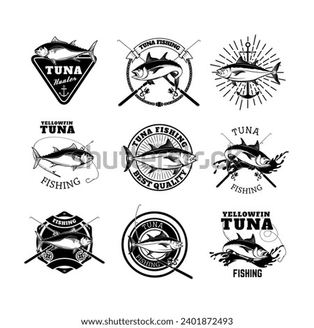 Tuna fishing labels isolated on white background. Design elements for logo, emblem, sign, badge. 
