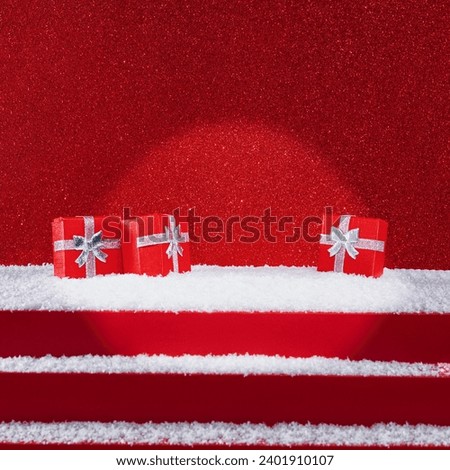 Christmas, New Year banner, mockup, podium, stairs,  snowy decoration with red fabric background, red curtains in the background, 