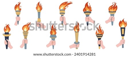 Hand holding a torch. Sport symbol, flat vector illustration design. Torch, Flame. Vector set, isolated burning torches flames in hands.