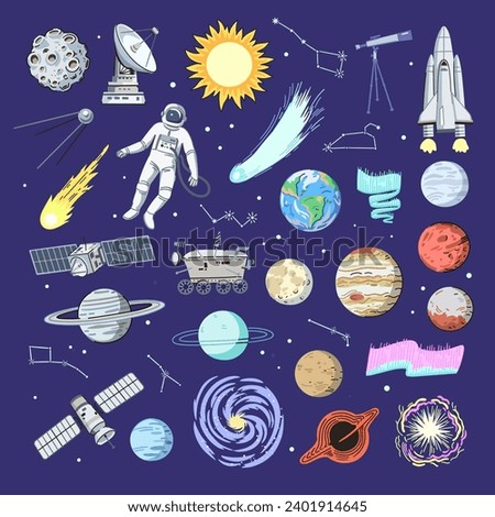 Big set of space elements, planets, rocket, satellites and telescope. Hand-drawn clip art elements. Vector graphic.
