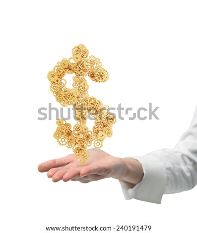hand holding gold gears in form dollar isolated to white