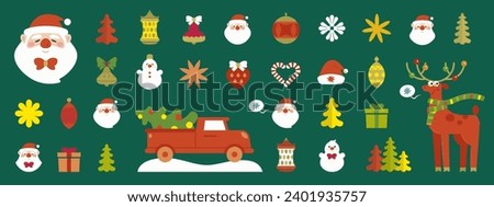 Merry Christmas and happy new year vector element set isolated on dark background. Cartoon santa, reindeer, gift box and snowman. Holiday icon collection in simple modern flat style