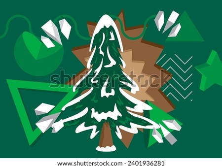Green, brown and white Pine Tree geometrical graphic retro theme background. Minimal geometric elements. Vintage abstract shapes vector illustration.