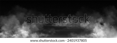 Fog, smoke, white smog clouds on floor, morning mist over the ground or water surface perspective view. Isolated steam circle at night club, magic haze, natural evaporation Realistic 3d vector mockup Royalty-Free Stock Photo #2401937805