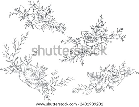 Vector set peony and rose wreath. Botanical hand drawn illustration clip art