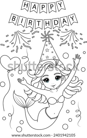 Hand-drawn illustration of kawaii mermaid princess with party hat  coloring page for kids and adults. Mermaid colouring book