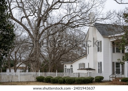 A classic Southern plantation-style home stands proudly, surrounded by lush greenery. Majestic oak trees grace the backyard, while a white picket fence frames the front yard.  Royalty-Free Stock Photo #2401943637