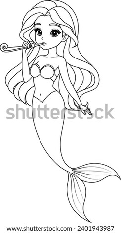 Hand-drawn illustration of kawaii mermaid princess blowing party horn coloring page for kids and adults. Mermaid colouring book