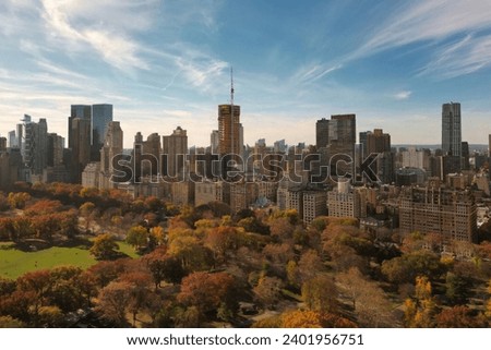 Autumn Fall. Autumnal Central Park view from drone. Aerial of NY City Manhattan Central Park panorama in Autumn. Autumn in Central Park. Autumn NYC. Central Park Fall Colors of foliage.