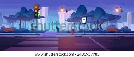 Dark night city street sidewalk near public park with pedestrian walkway across road, traffic light and bus stop sign. Cartoon vector illustration of empty evening pavement near highway with crosswalk