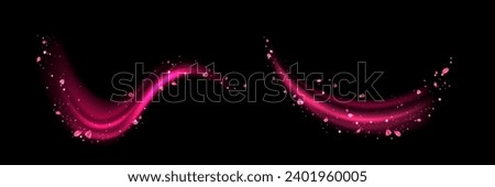 Set of pink swirls with flower petals isolated on black background. Vector realistic illustration of neon light waves with sakura blossom, magic sparkling particles, perfume aroma trail, love in air