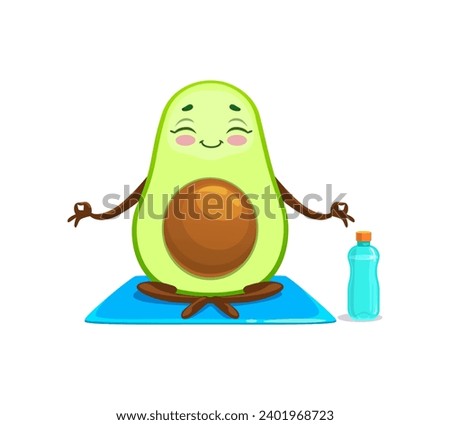 Cartoon Mexican cheerful avocado character on yoga fitness, vector emoji or kawaii emoticon. Cute avocado in meditation on yoga rug with water bottle, fitness sport or kids mascot personage