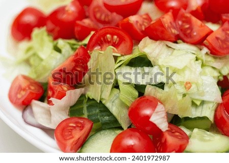 Vegetable salad macro photography. tomatoes, lettuce, greens and cucumbers