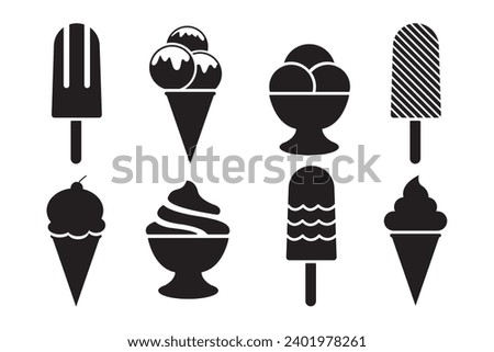ice cream silhouette black color on white background, waffle cone ball shape sundae in glass, popsicle stick, summer vector element 