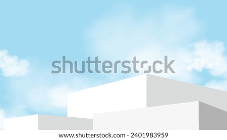 White Podium Step on Sky Blue and Cloud Background,Platform 3d Mockup Display Step for Summer Cosmetic Product Presentation for Sale,Promotion,Web online,Scene Nature Spring Sky with Building wall 