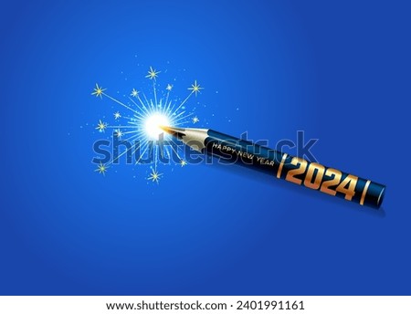 Poster of New year 2024. Pencil with fireworks background. Vector illustration. Royalty-Free Stock Photo #2401991161