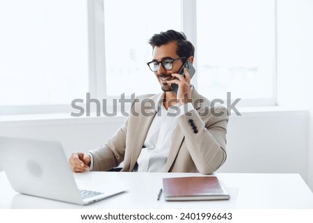 Smile man phone talk office businessman Royalty-Free Stock Photo #2401996643