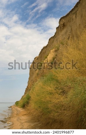 Geography. Geology. 30-meter clay cliffs on the banks of the Dnieper-Bug freshwater estuary as a result of current water erosion and the ancient Ozolimna sea reservoir, marine transgression Royalty-Free Stock Photo #2401996877