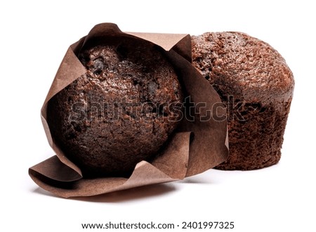 Two chocolate muffins isolated on a white background . Muffin with chocolate chips.