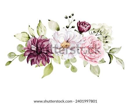 Pink flowers watercolor, floral clip art. Digital bouquet blush rose, white peony perfectly for printing design on invitations, cards, wall art and other. Isolated on white background. Hand painting.