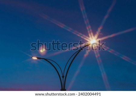 Street lights shining in the sunset